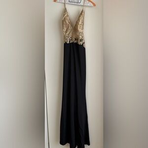 Abyss By Abby Gold Lace backless Black gown